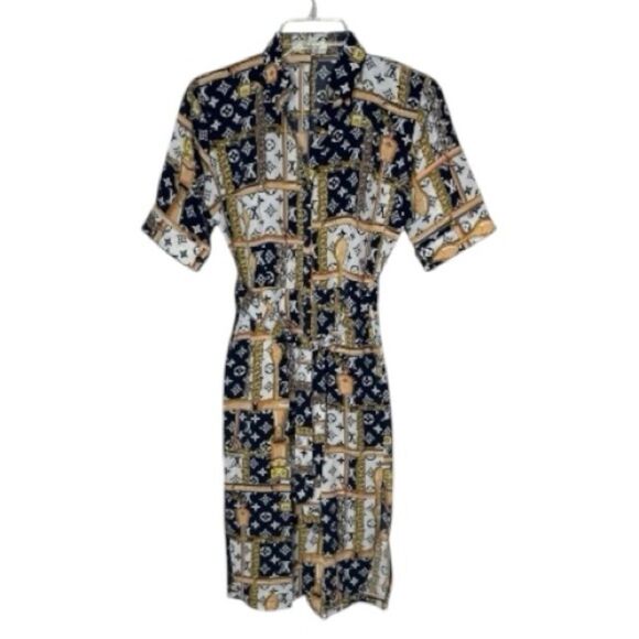Zara Dresses & Skirts - Zara Stylish Navy and Gold Patterned Dress. Size Small.